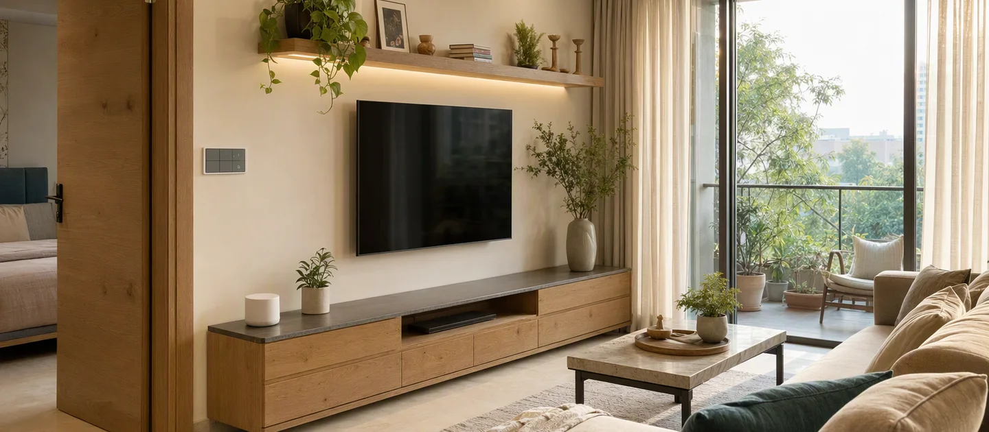 Warm Indian apartment living room with physical wall controls, a smart speaker and full-height curtains
