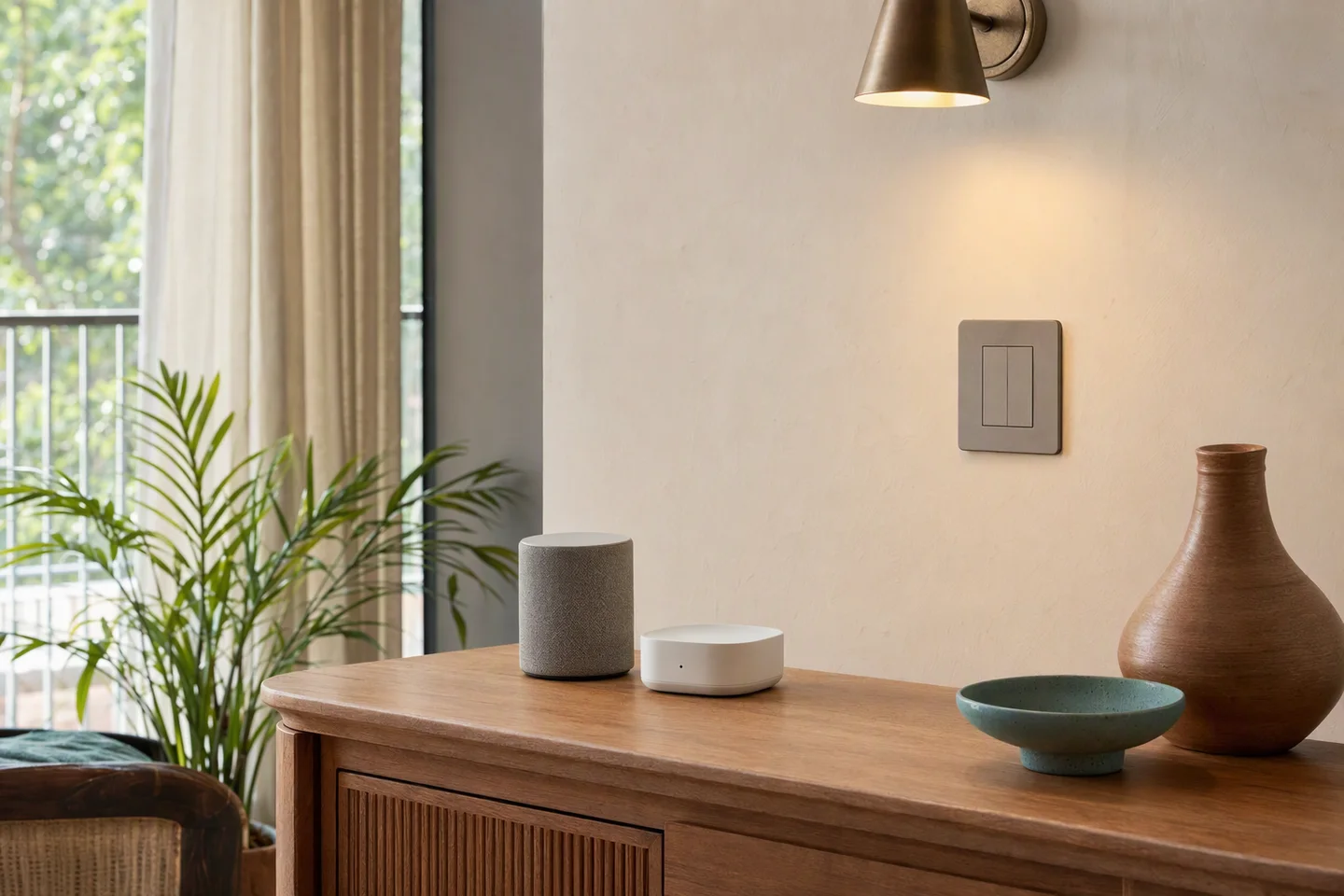 Compact smart-home controller and speaker on an oak console beside physical wall controls