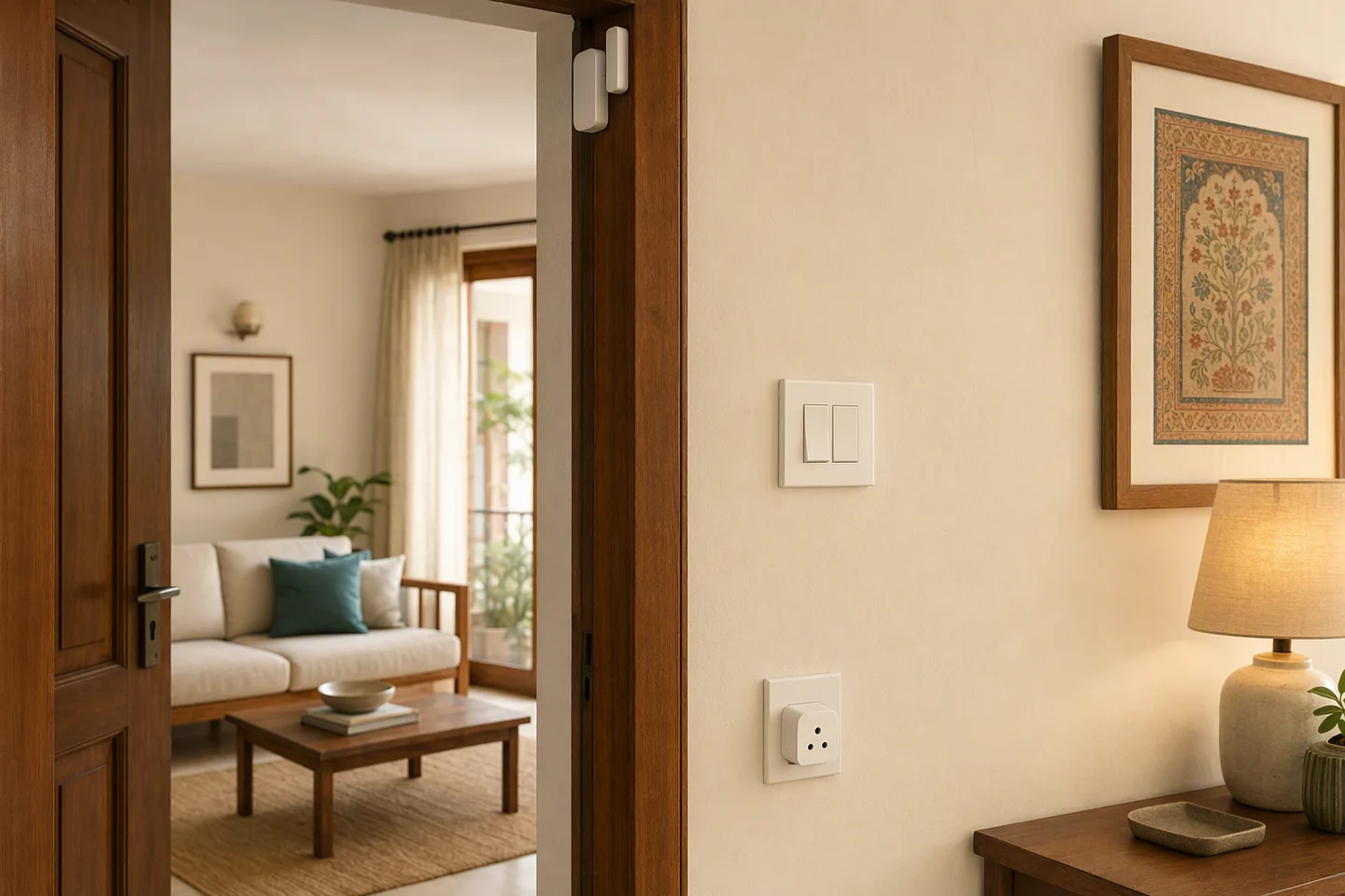 Finished Indian apartment entrance with physical wall controls and discreet smart-home devices