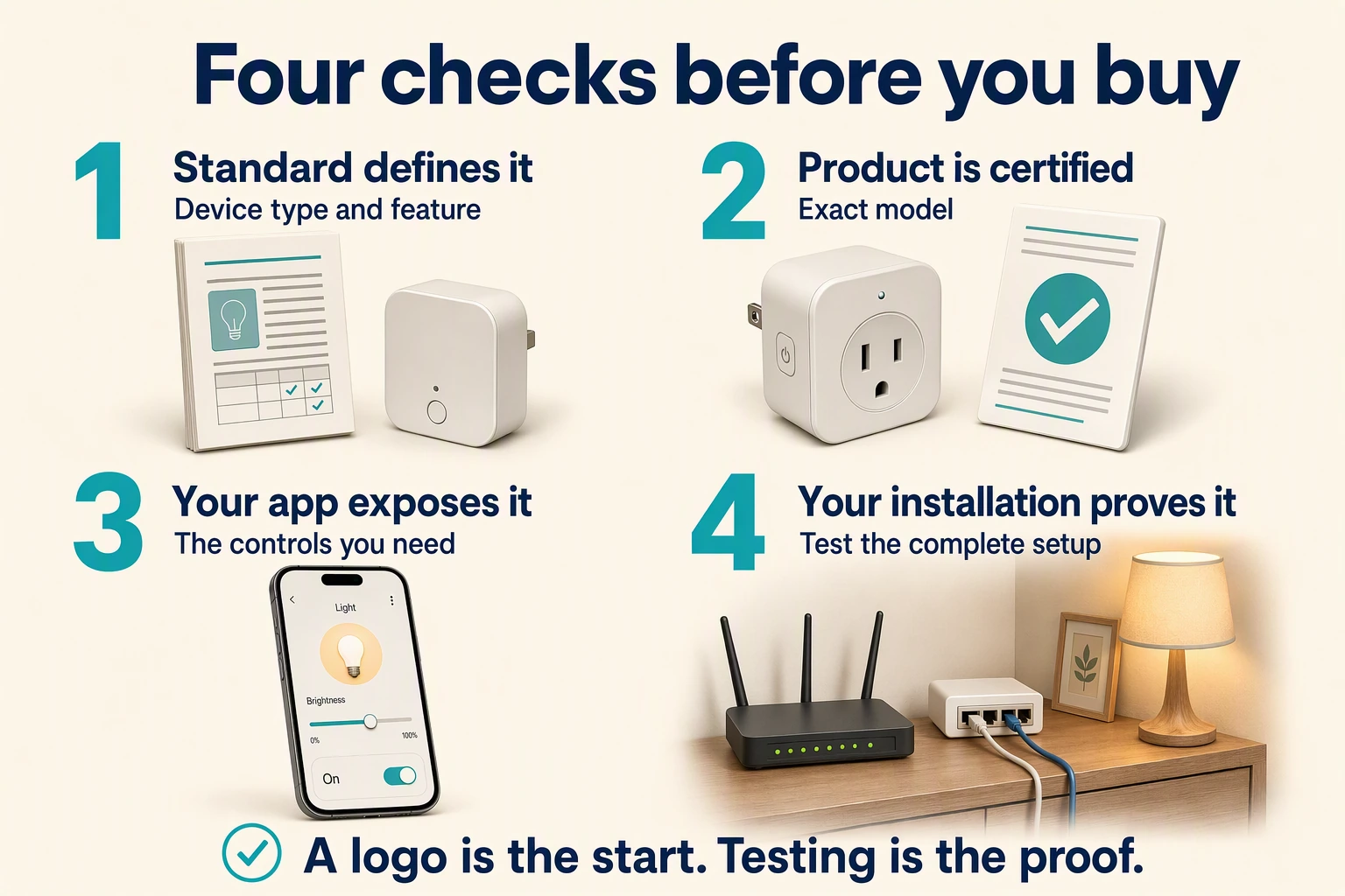 Four compatibility checks: the standard covers the feature, the exact product is certified, your app exposes the controls, and your complete installation passes testing.