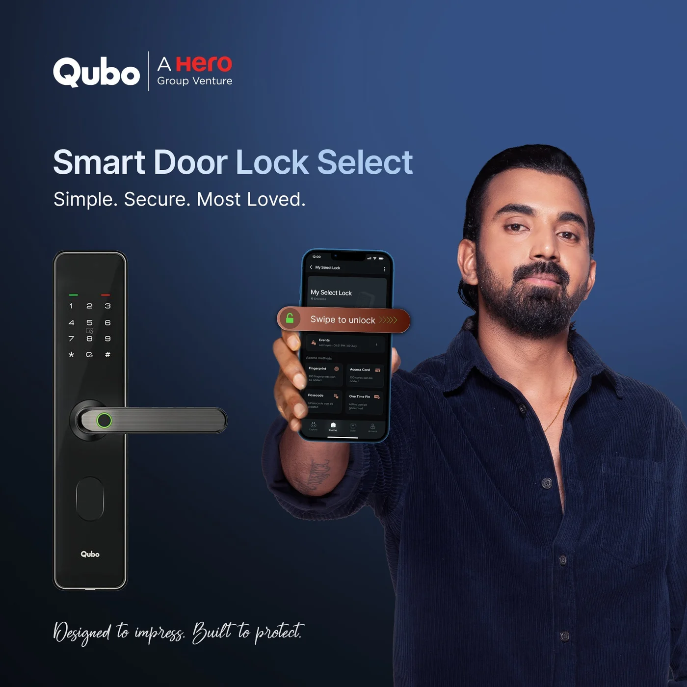 Qubo Smart Door Lock Select (Black) — black lock and app overview