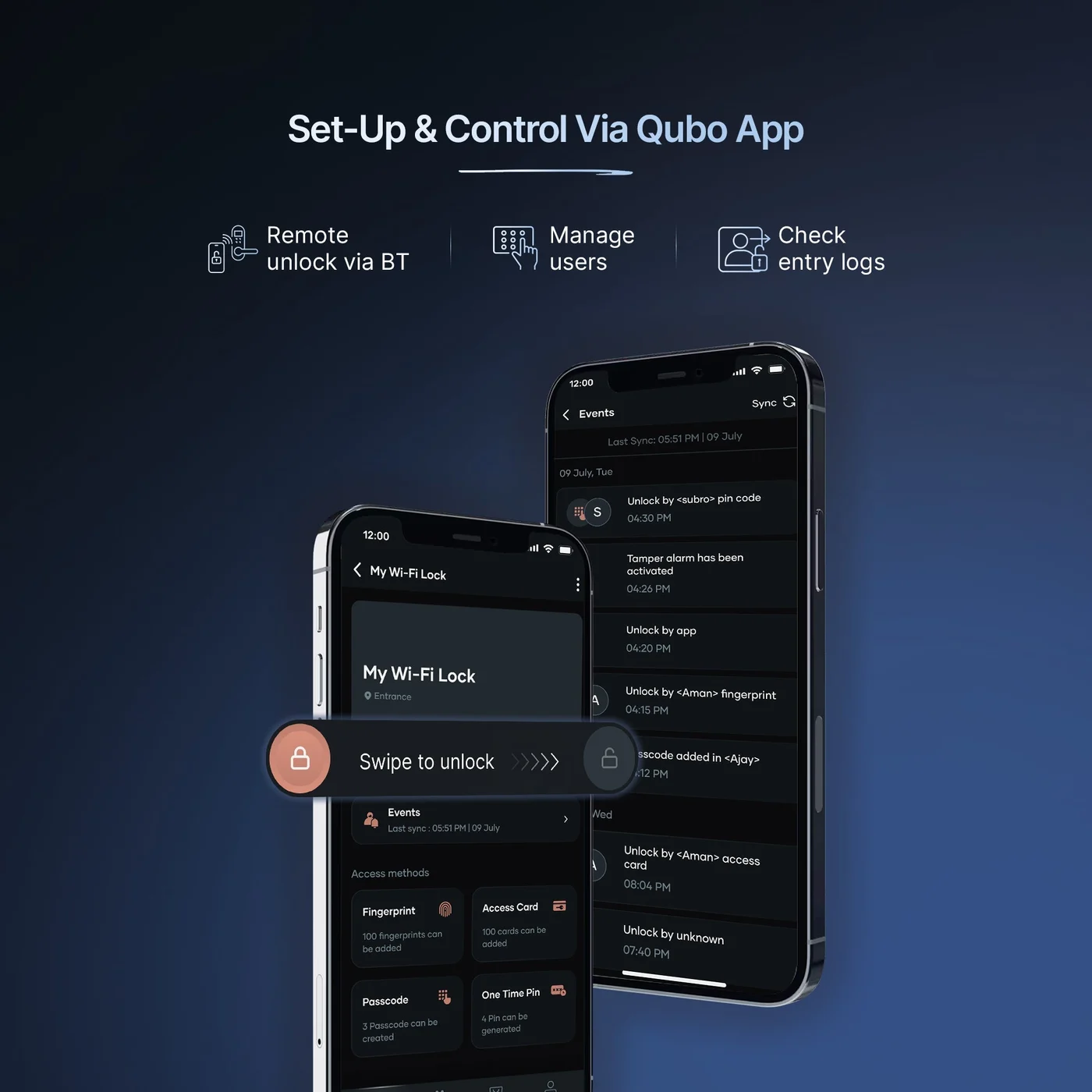 Qubo Smart Door Lock Select (Black) — Qubo app access management and activity logs