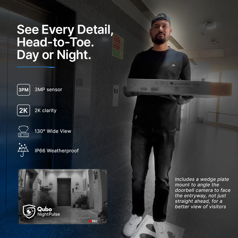 Qubo Video Doorbell Pro 2K — head-to-toe view and night vision illustration