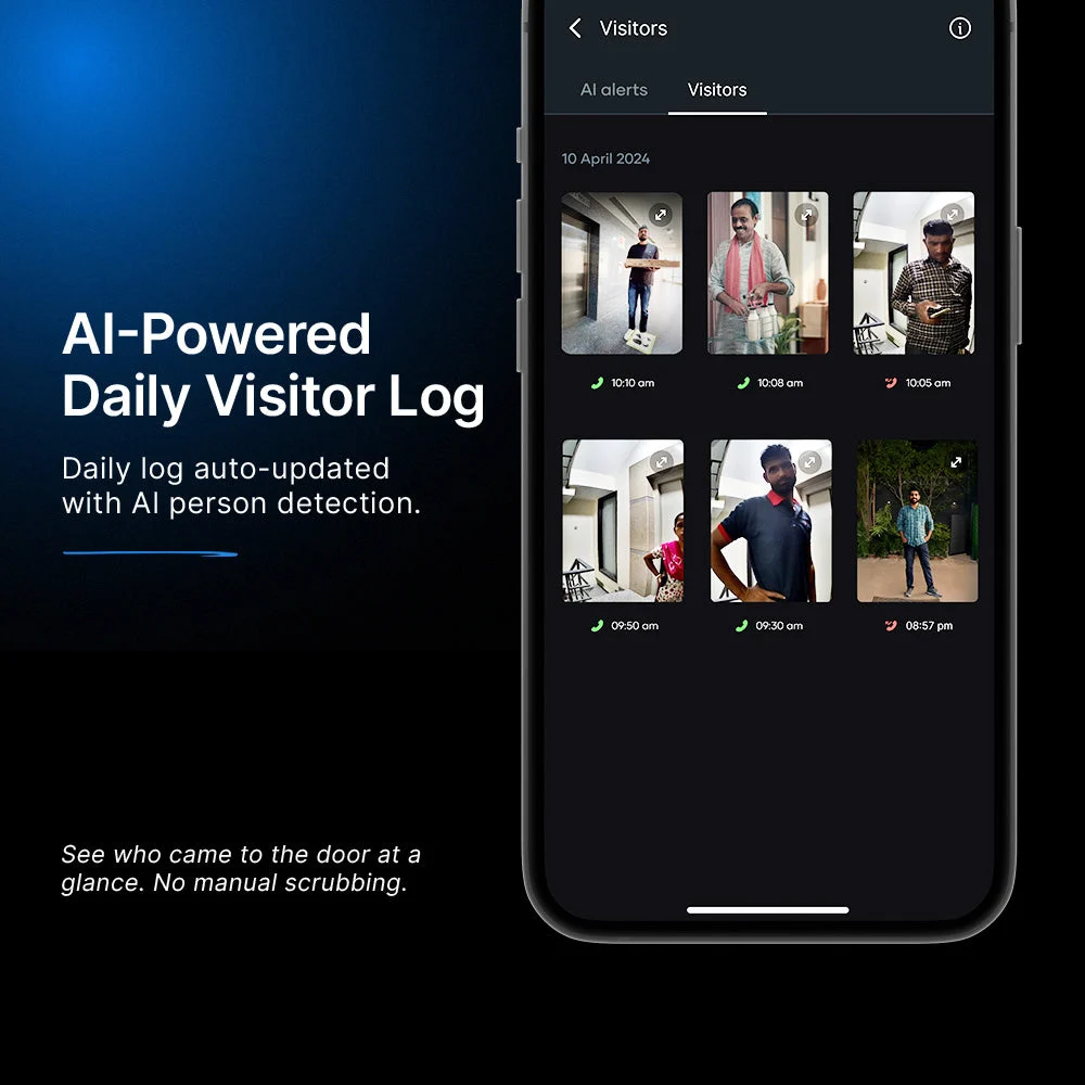 Qubo Video Doorbell Pro 2K — visitor history in the Qubo app