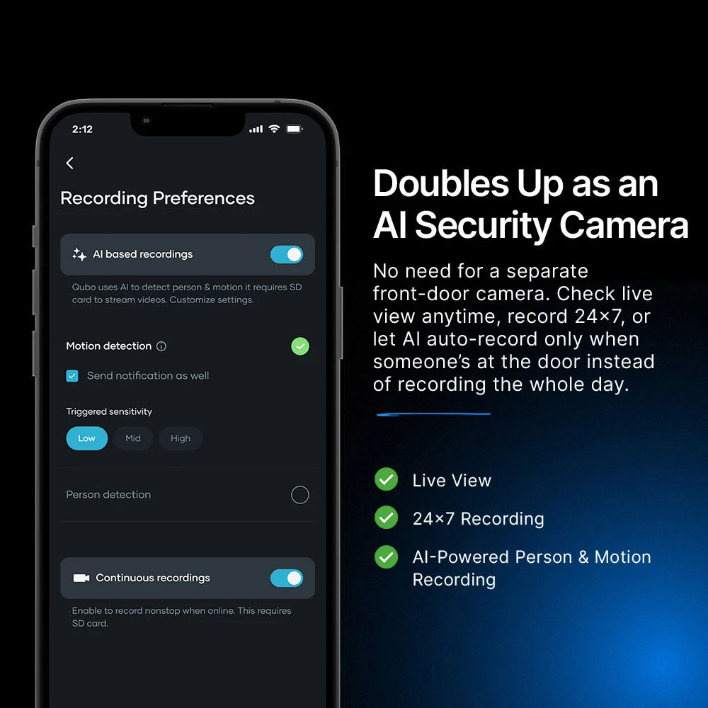 Qubo Video Doorbell Pro 2K — recording preferences in the Qubo app