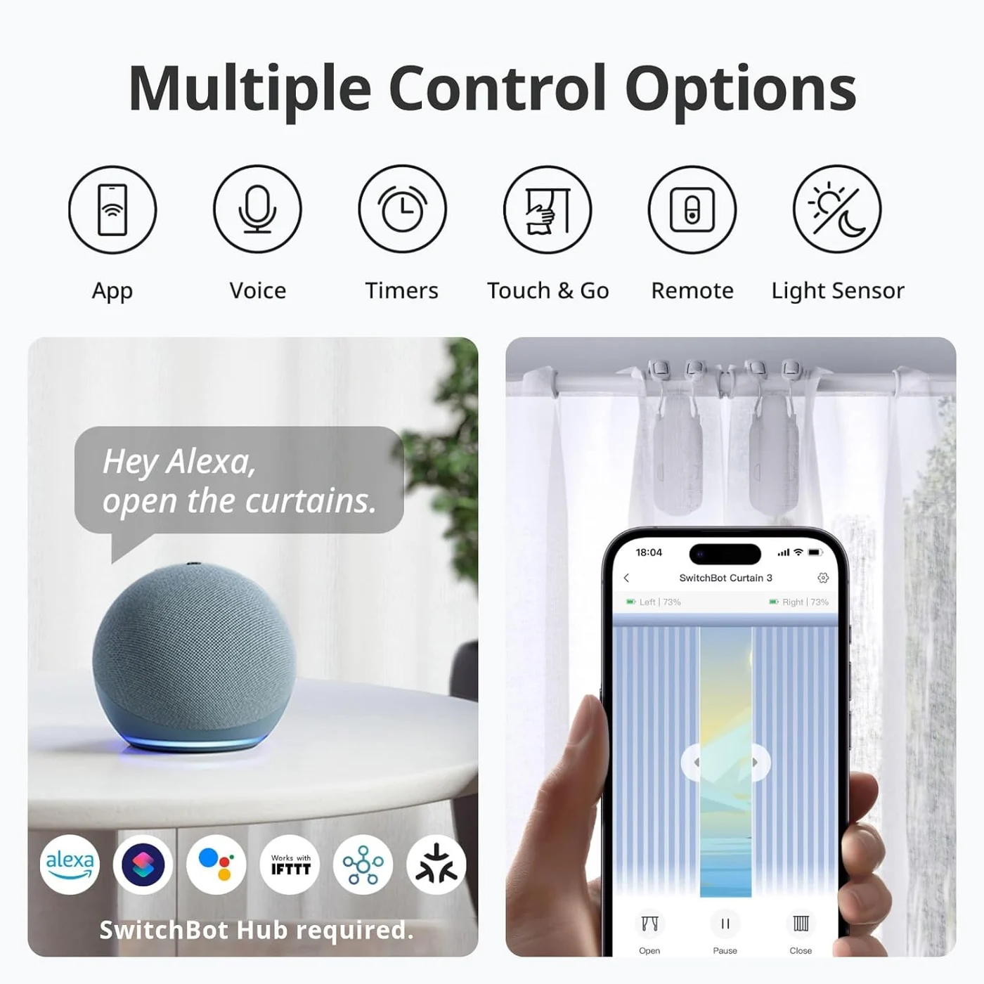 SwitchBot Curtain 3 — control options with optional hub required for voice control